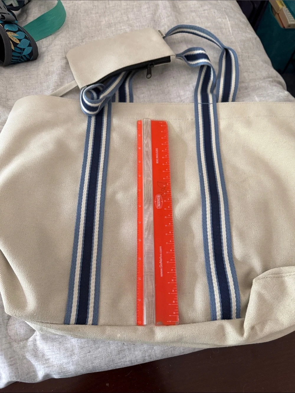 Life Is Good Cream Canvas Tote with Blue Stripe Handles and Pouch